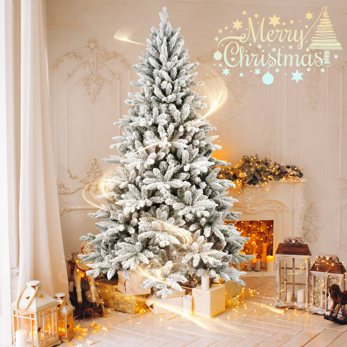 7ft-Flocked-Christmas-Tree-with-1514-Tips,-Realistic-PE+PVC-Snowy-Hinged-Tree-with-Metal-Stand-Christmas-Trees