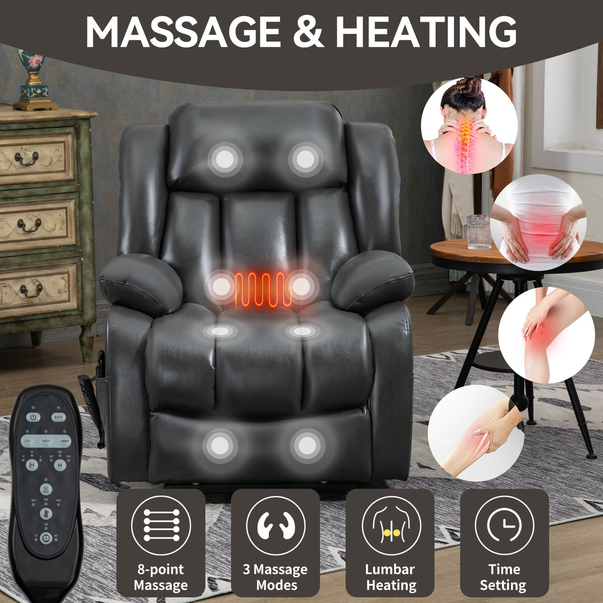 Dual Motor Electric Recliner Chair with Massage and Heat - Leatheraire