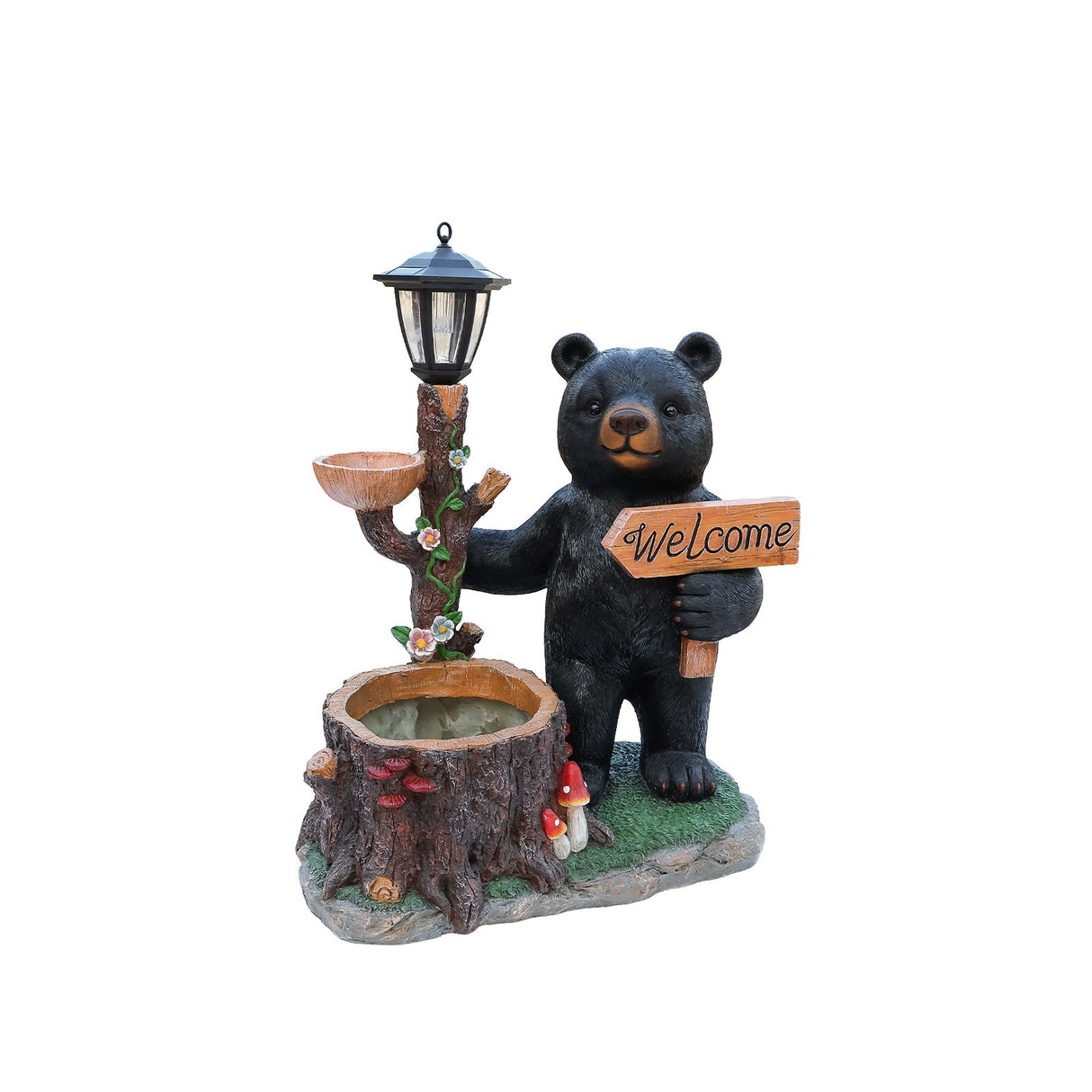 Decorative Standing Black Bear Garden Planter with Solar-Powered Lantern