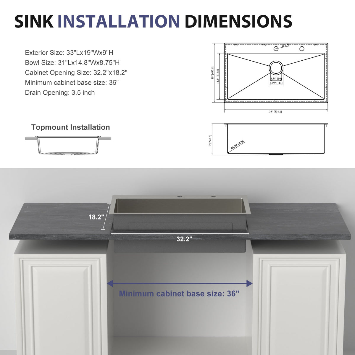 33 Inch Topmount Sink - Stainless Steel Kitchen Sink
