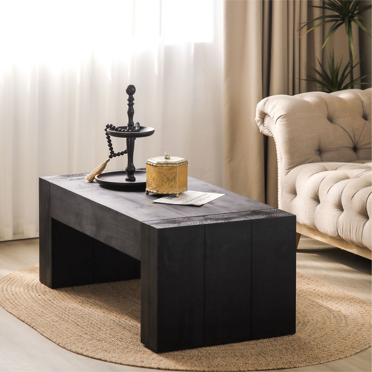 Modern Black Solid Wood Coffee Table, 49in Rectangular Coffee Table for Living Room, Farmhouse & Contemporary Decor