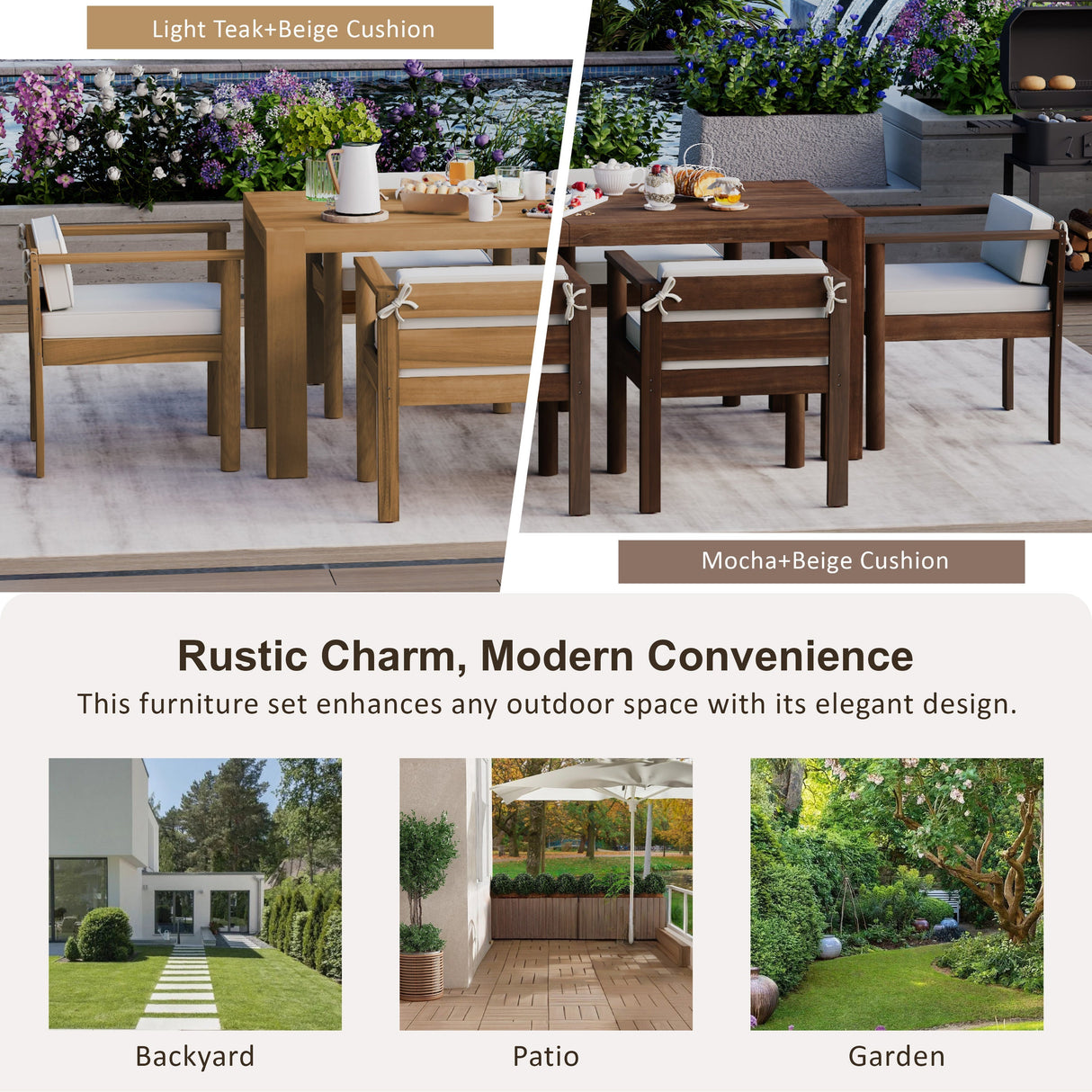 TREXM 7-Piece Patio Dining Table Set for 6,Outdoor Furniture Sets with 72.8'Rectangle Table,Patio Table and Chairs Set with Removable Cushions for Backyard,Garden,Poolside(Light Teak+Beige Cushion)