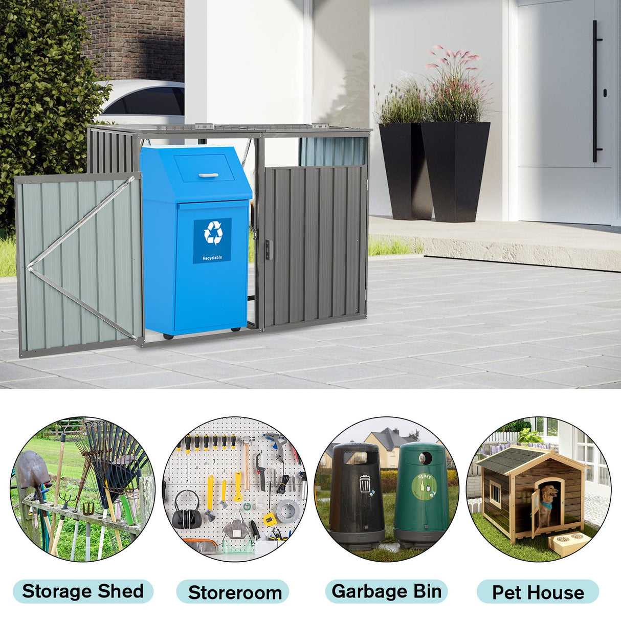 Outdoor Metal Garbage Bin Shed for Two Trash Cans