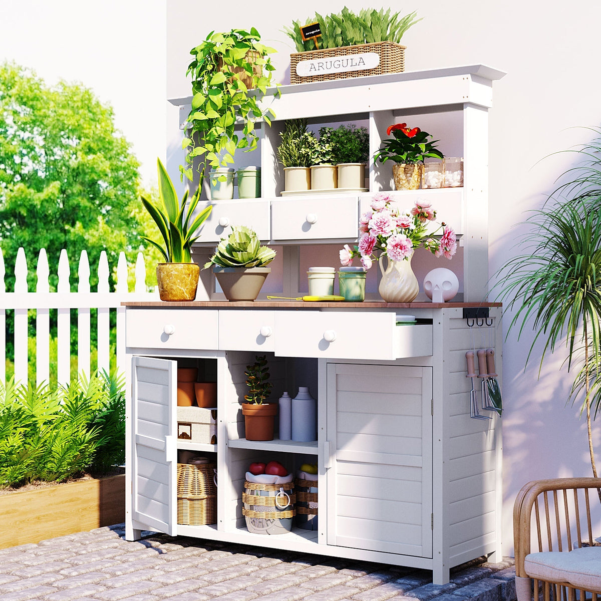 TOPMAX 65.7'' Tall Garden Potting Bench Table with Hutch