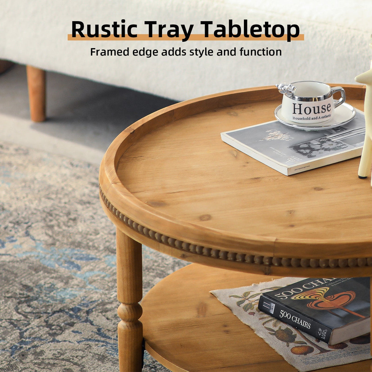 31.3' Round Boho Coffee Table with Storage Shelf