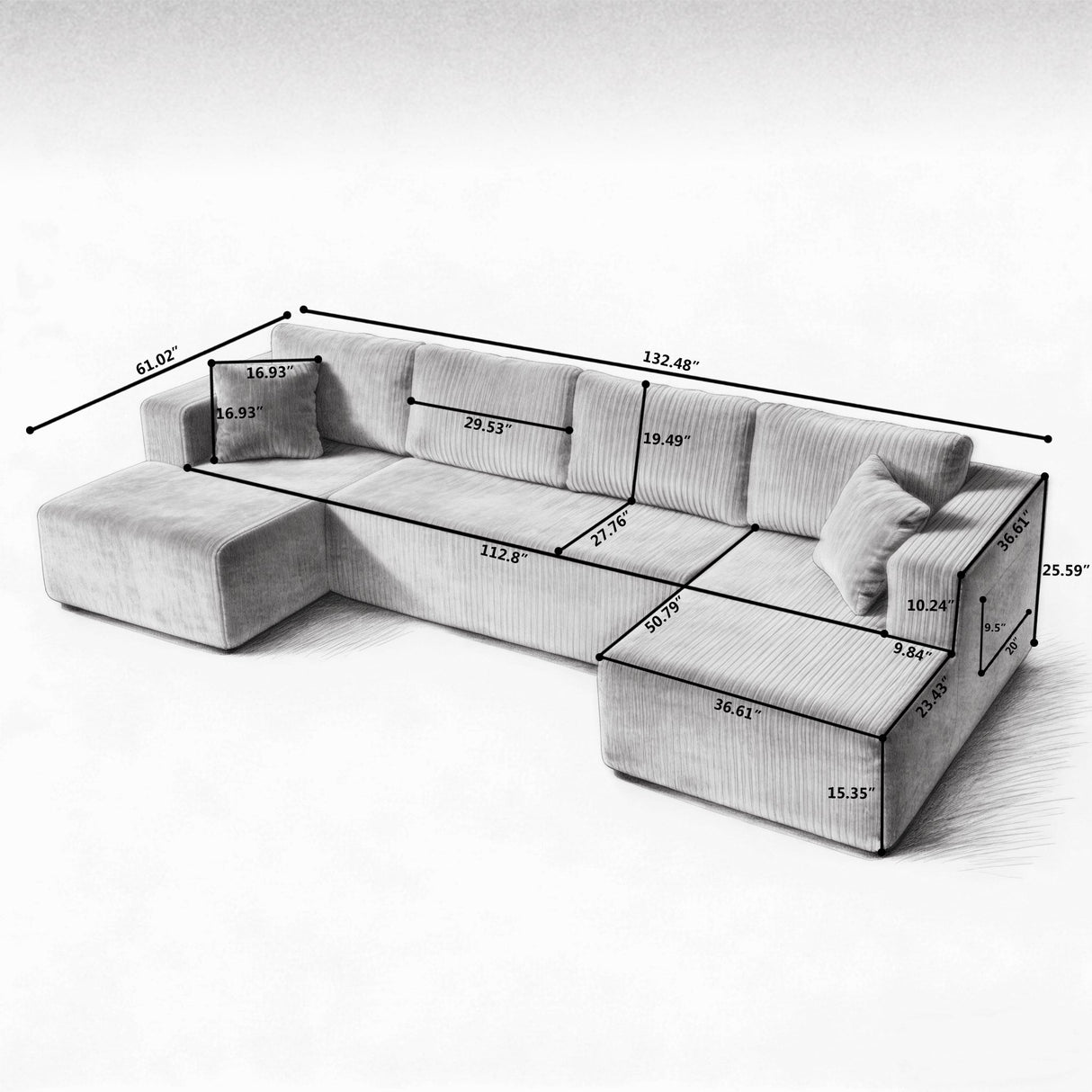 132" U Shaped Modular Sectional Sofa