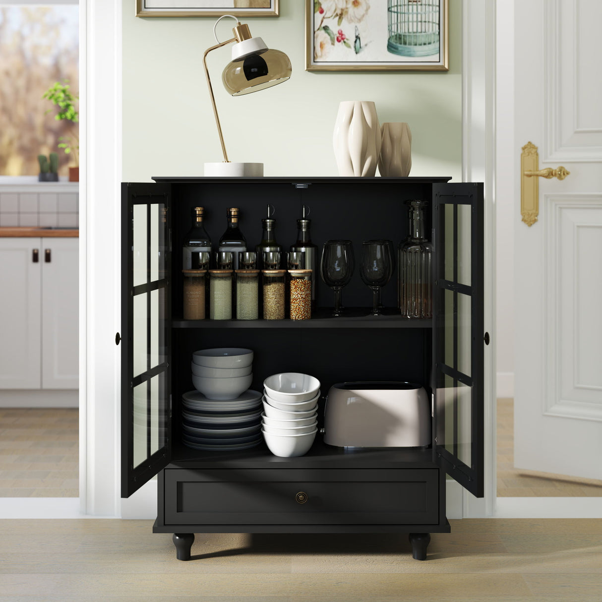 Minimalist Buffet Cabinet With Double Glass Doors And Drawer