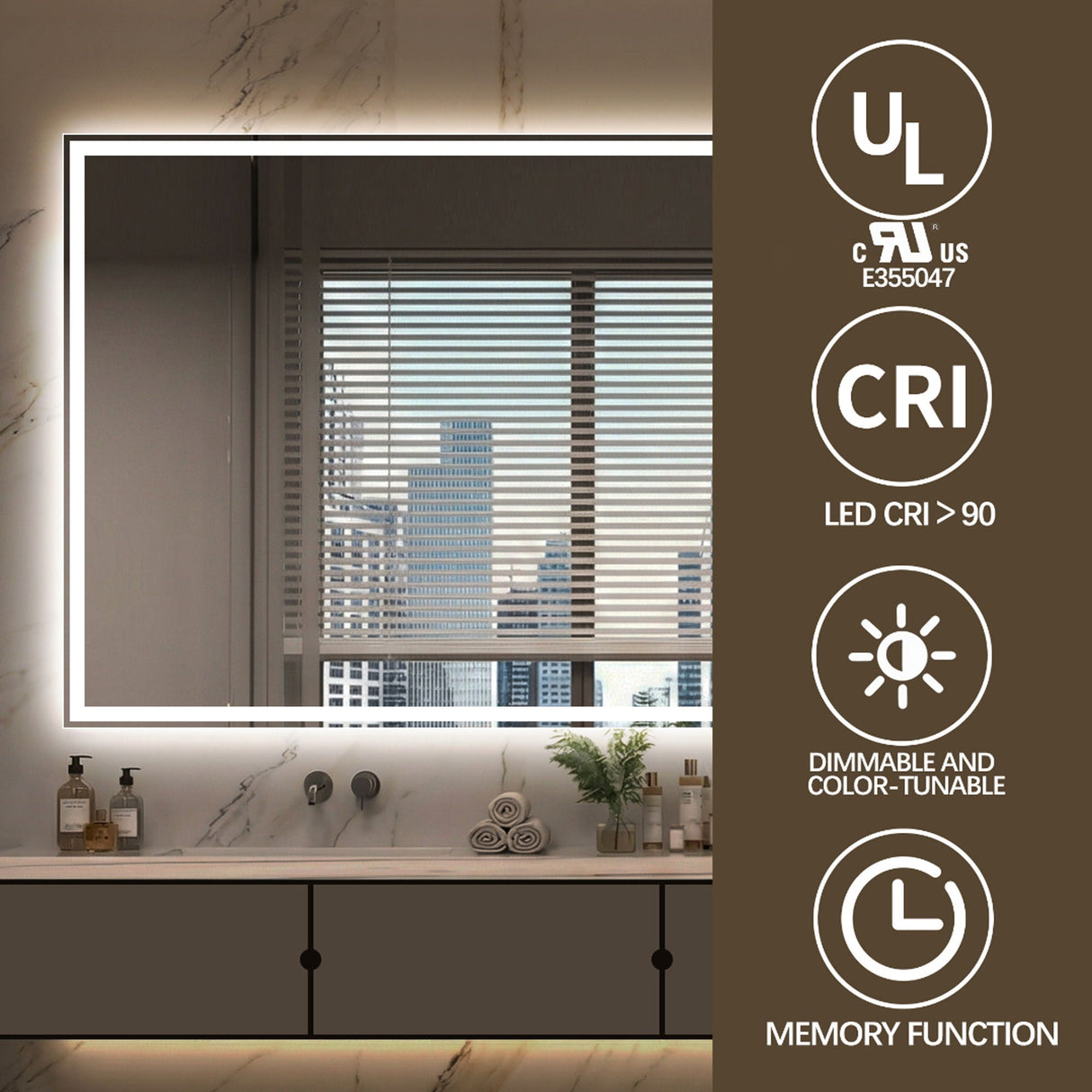 LED Bathroom Vanity Wall Mirror With Straight Edge Design, Frosted Glass Finish, Anti Fog, Dimmable 3 Color Lighting - Silver