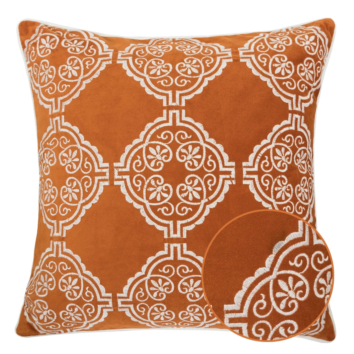 Burnt Orange Damask Embroidered Throw Pillow with Velvet Finish - Burnt Orange