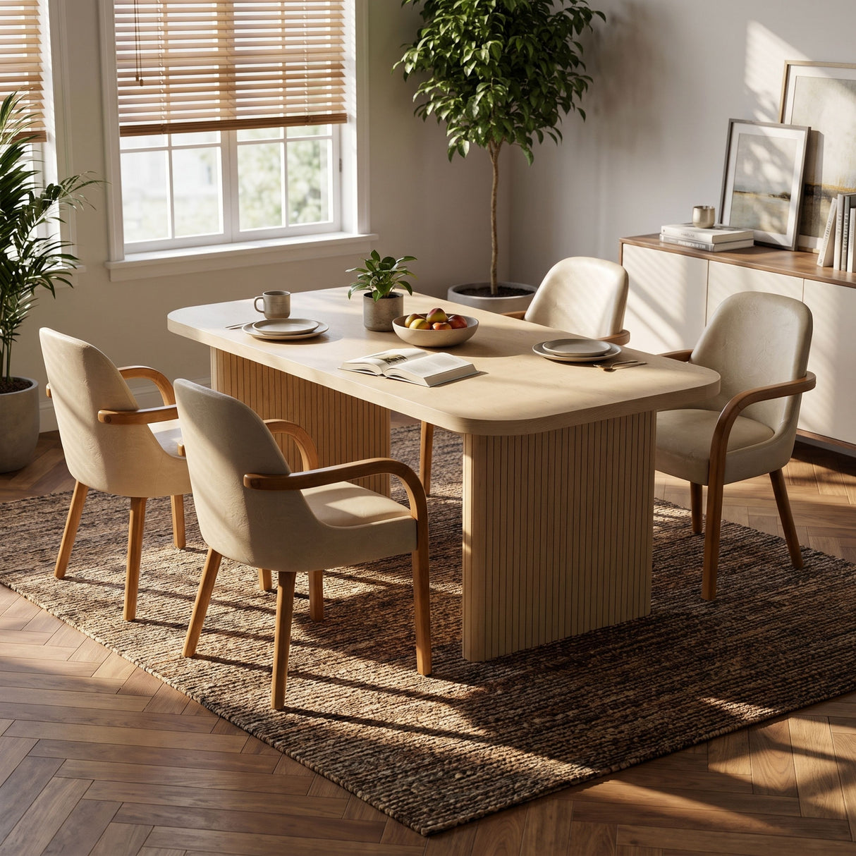 5 Piece Indoor Dining Set, 68.75" Dining Table & 4 Khaki PU Dining Chairs