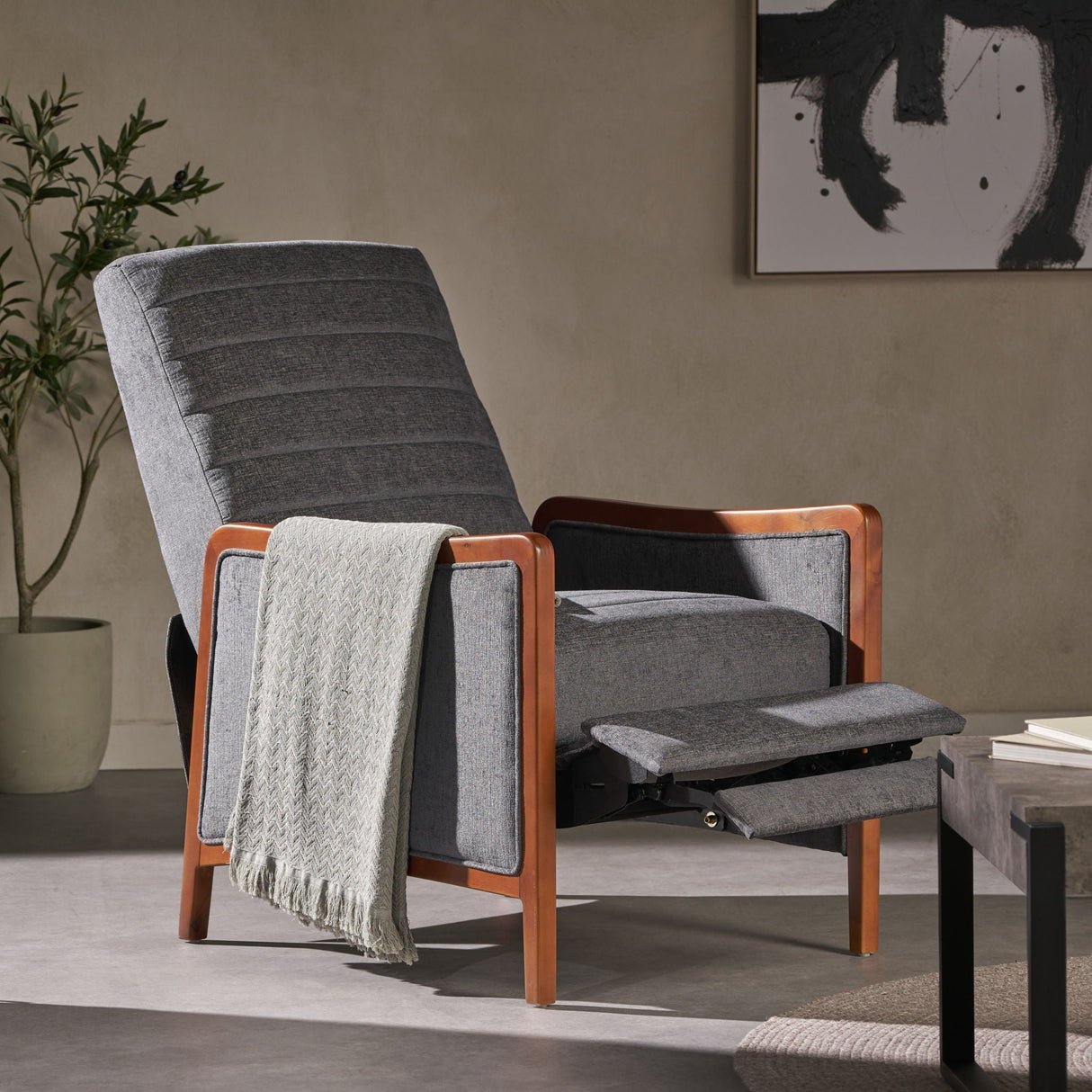 Mendota - Mid Century Modern Fabric Channel Stitch Wood Pushback Recliner - Gray