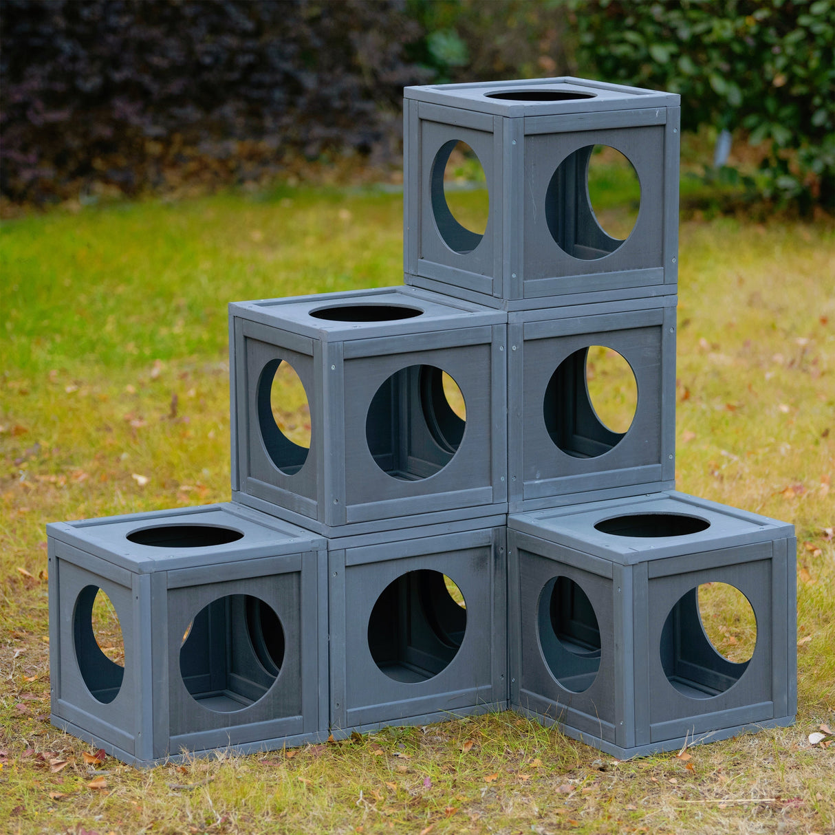 Grey Pine Wood Outdoor Cat House with Shelves and Weather Protection