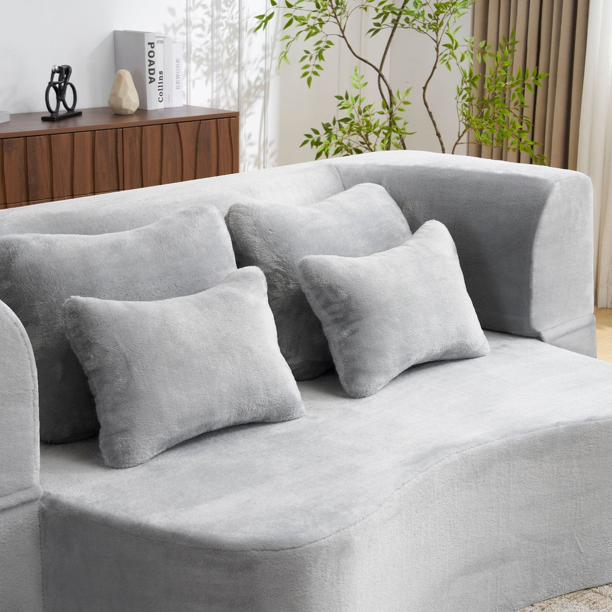 Queen Size Modern Light Grey Floor Sofa with 4 Pillows