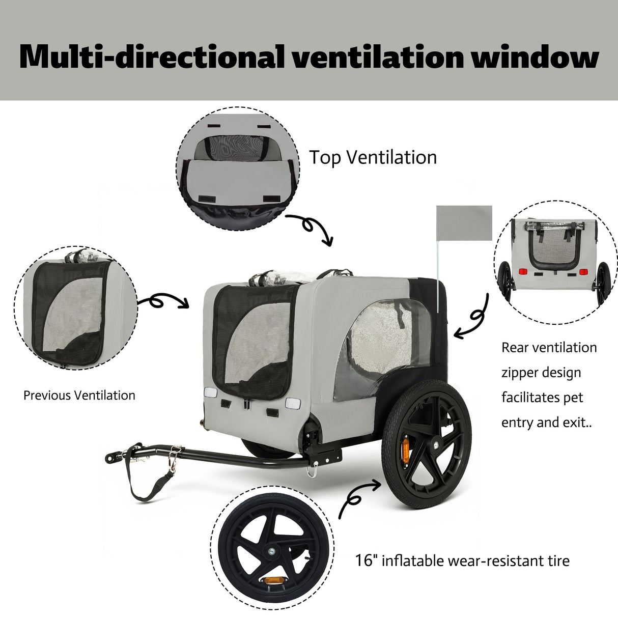 Outdoor Heavy Duty Collapsible Pet Bike Trailer with 16-Inch All-Terrain Wheels