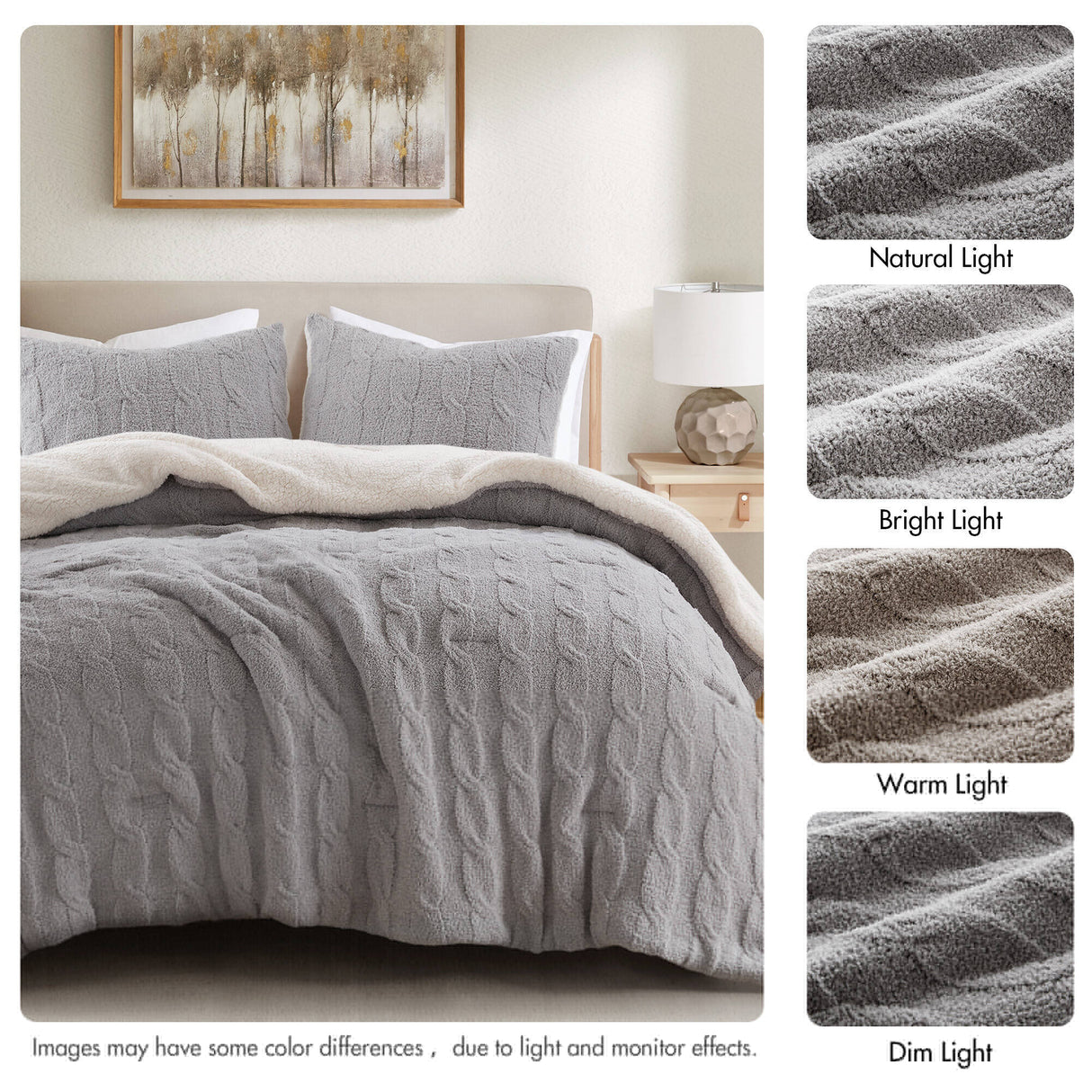 3 Pieces Full/Queen Cable Knit Chenille Comforter SetGray