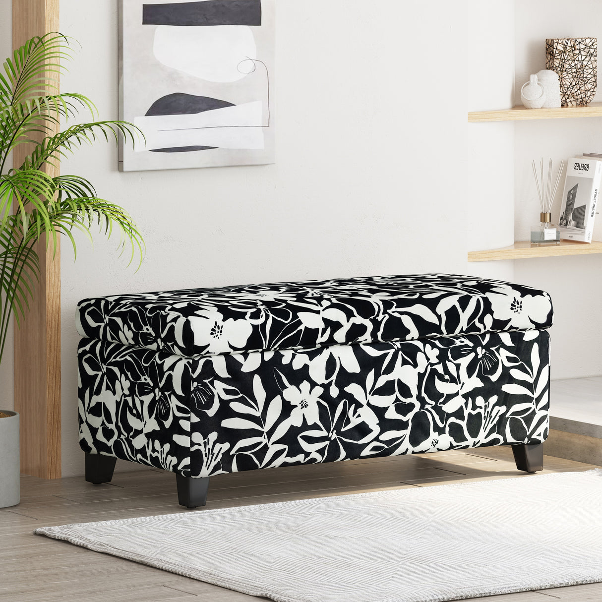 Luxury-Storage-Ottoman-with-Floral-Patterned-Fabric-Black-Floral/White-Benches