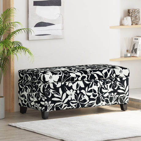 Luxury-Storage-Ottoman-with-Floral-Patterned-Fabric-Black-Floral/White-Benches