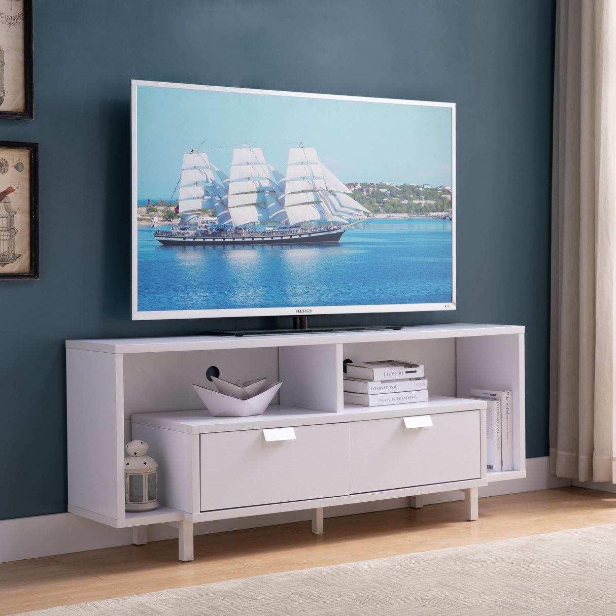 Modern 60" TV Stand with Two Shelves and Two Drawers - White