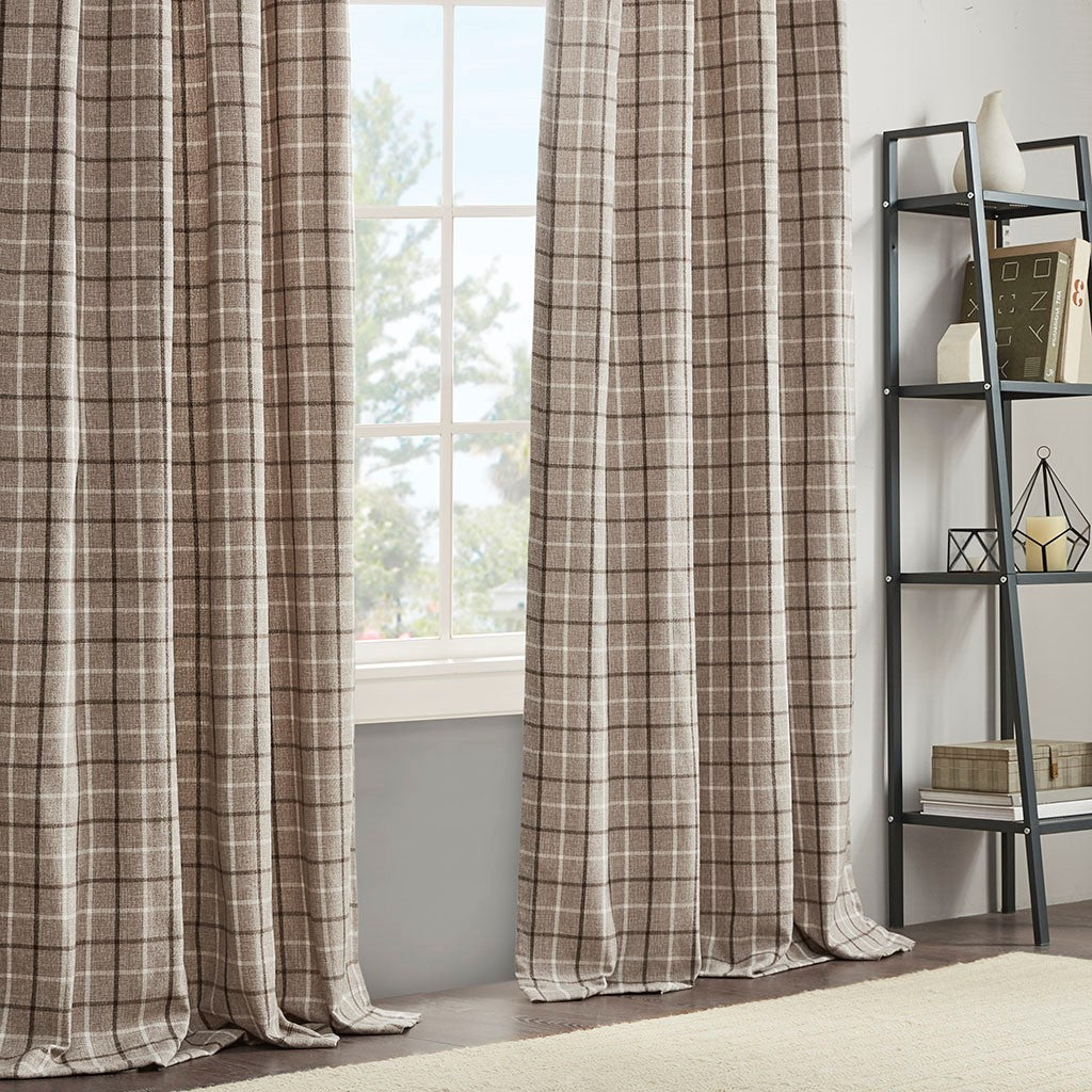 Plaid Rod Pocket and Back Tab Curtain Panel with Fleece Lining Brown 50x84