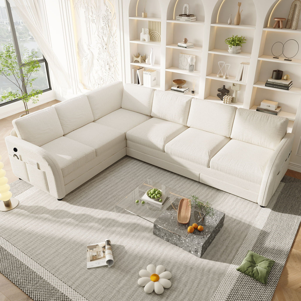 L-Shaped Couch With Pull-Out Bed, Convertible Sleeper Sofa With Side Pocket & USB Port