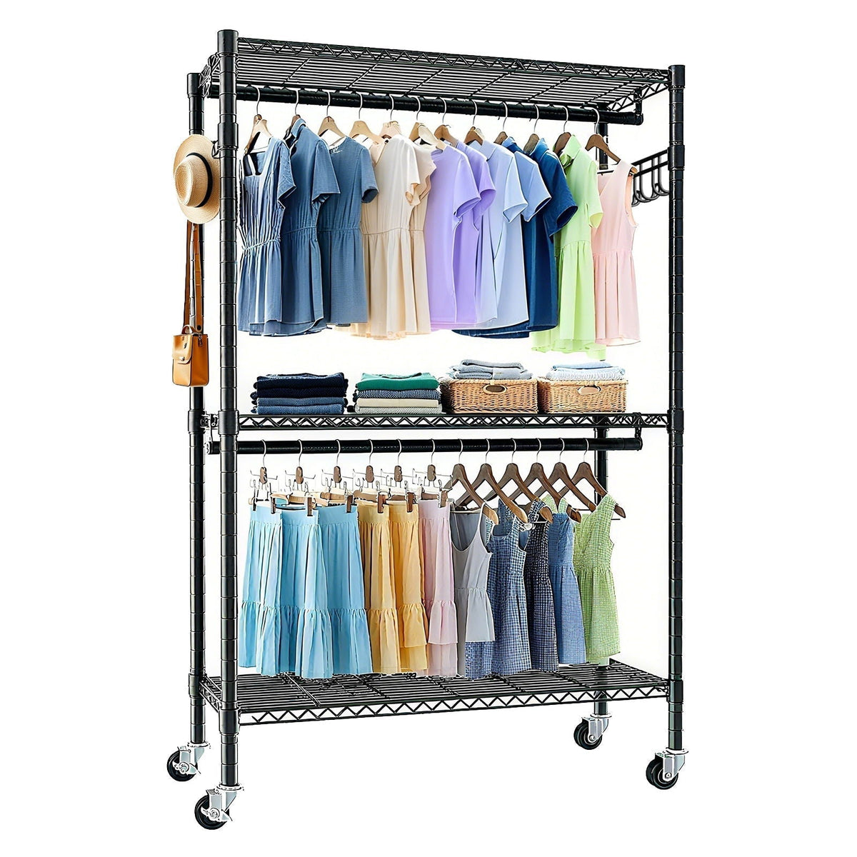 Heavy Duty Rolling Clothes Rack with Shelves and Hooks - Black