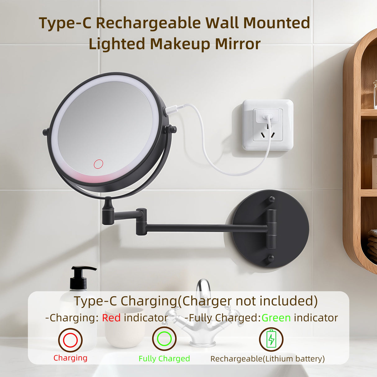 Rechargeable Wall Mounted Makeup Mirror 8'' Magnifying Mirror