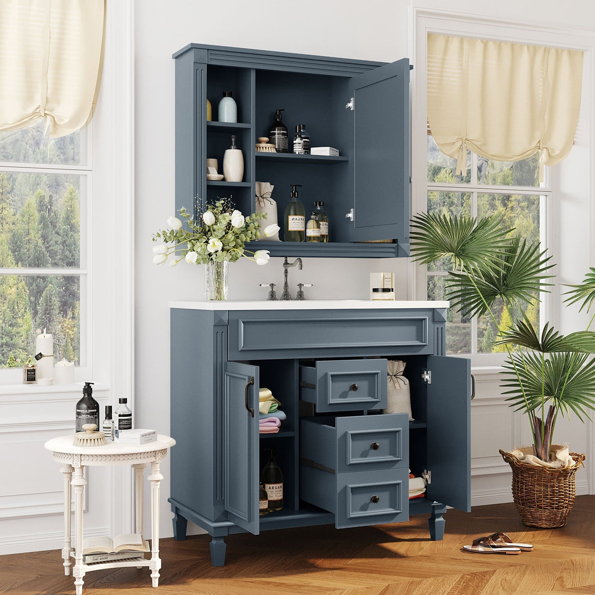 Bathroom Vanity with Top Sink, Mirror Cabinet, 2 Soft Closing Doors & 2 Drawers