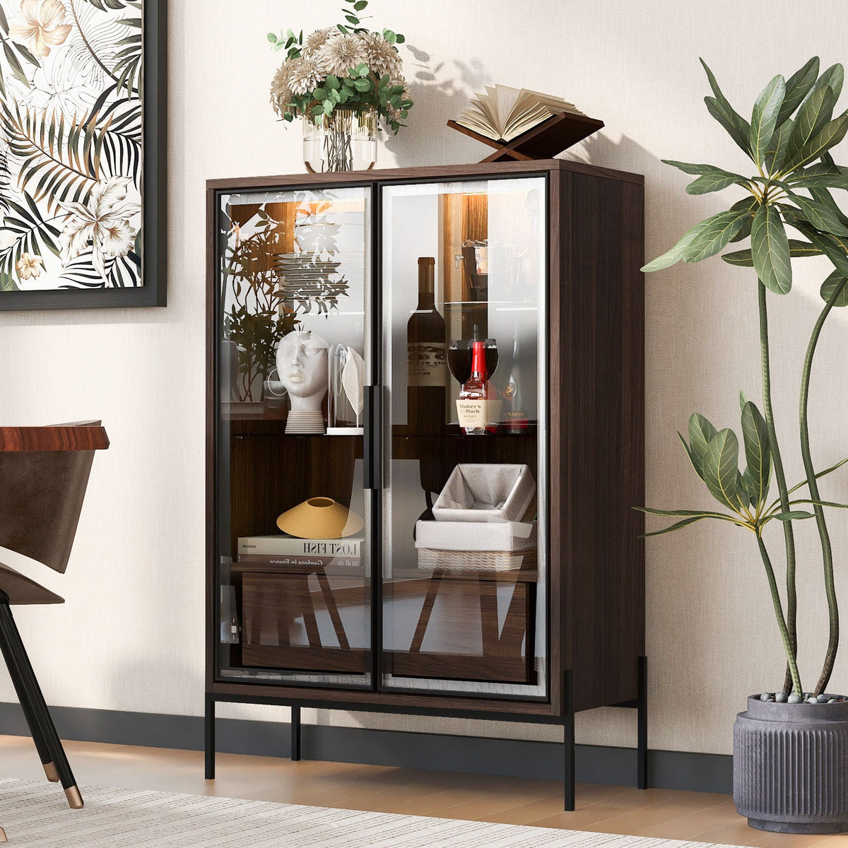 Modern Minimalist Style LED Curio Cabinet With Tempered Glass Door, Metal Legs