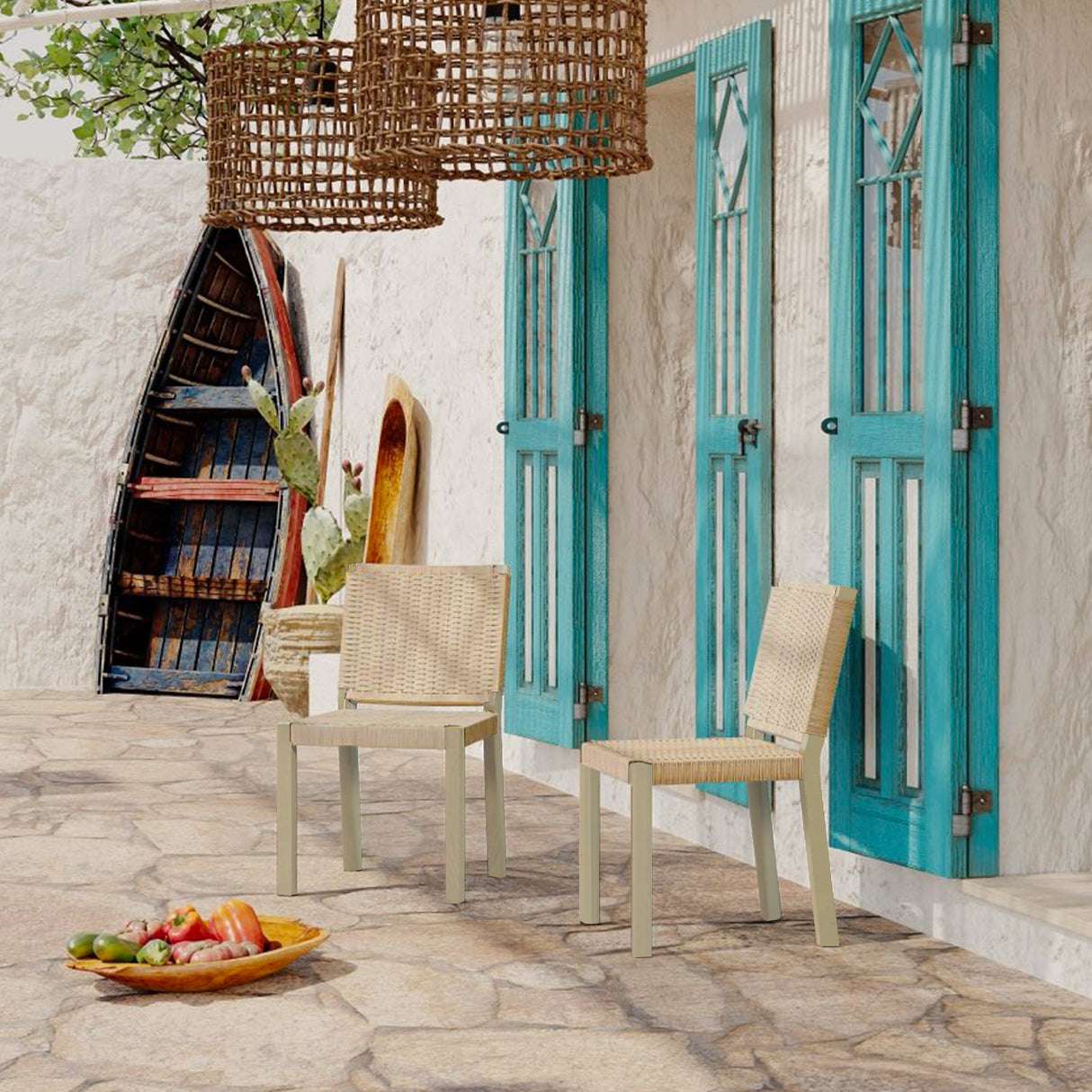 Solid Wood Rattan Backrest Dining Chairs, Set of 2