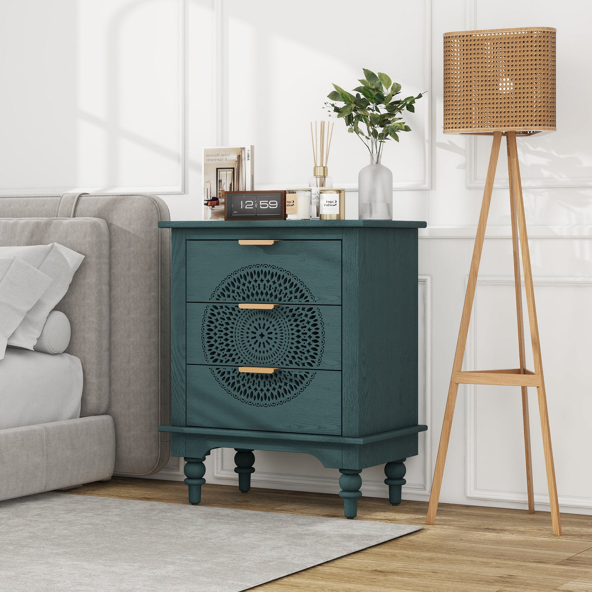 Blackish Green Hollow-Carved 3-Drawer Dresser with Metal Handles