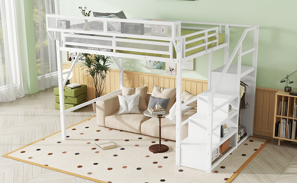 Queen Size Loft Bed with Stairs, Metal Queen Loft Bed with Storage Shelves