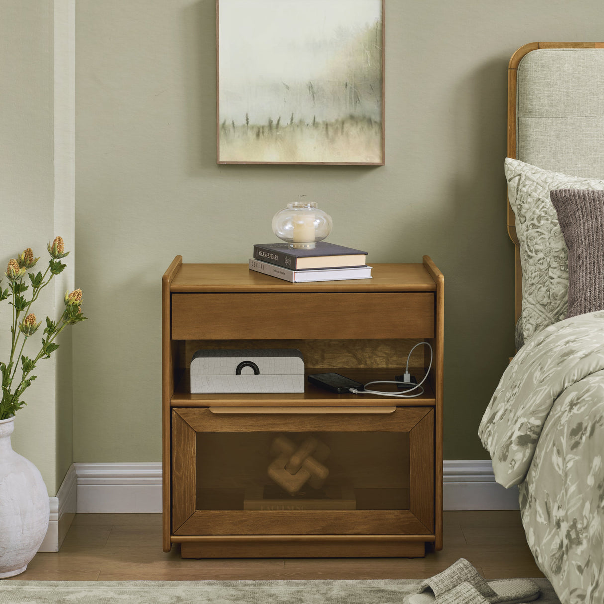 Mid Century Modern Nightstand with Charging Station & 2 Drawers