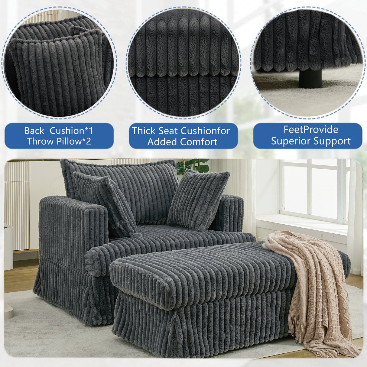 Oversized Corduroy Chaise Lounge with Ottoman in Dark Gray