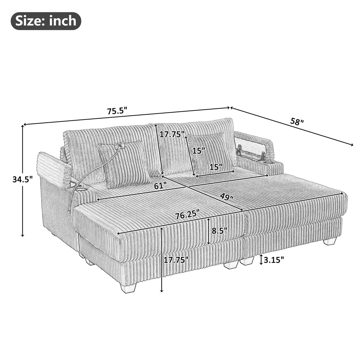 Modern Chaise Sofa With Adjustable Backrest, Cup Holders, Phone Holder & Storage Compartments