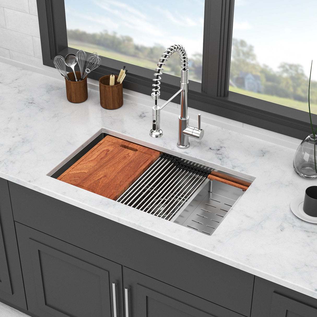 33" Undermount Kitchen Sink Single Bowl Ledge Workstation In 16 Gauge Stainless Steel - White