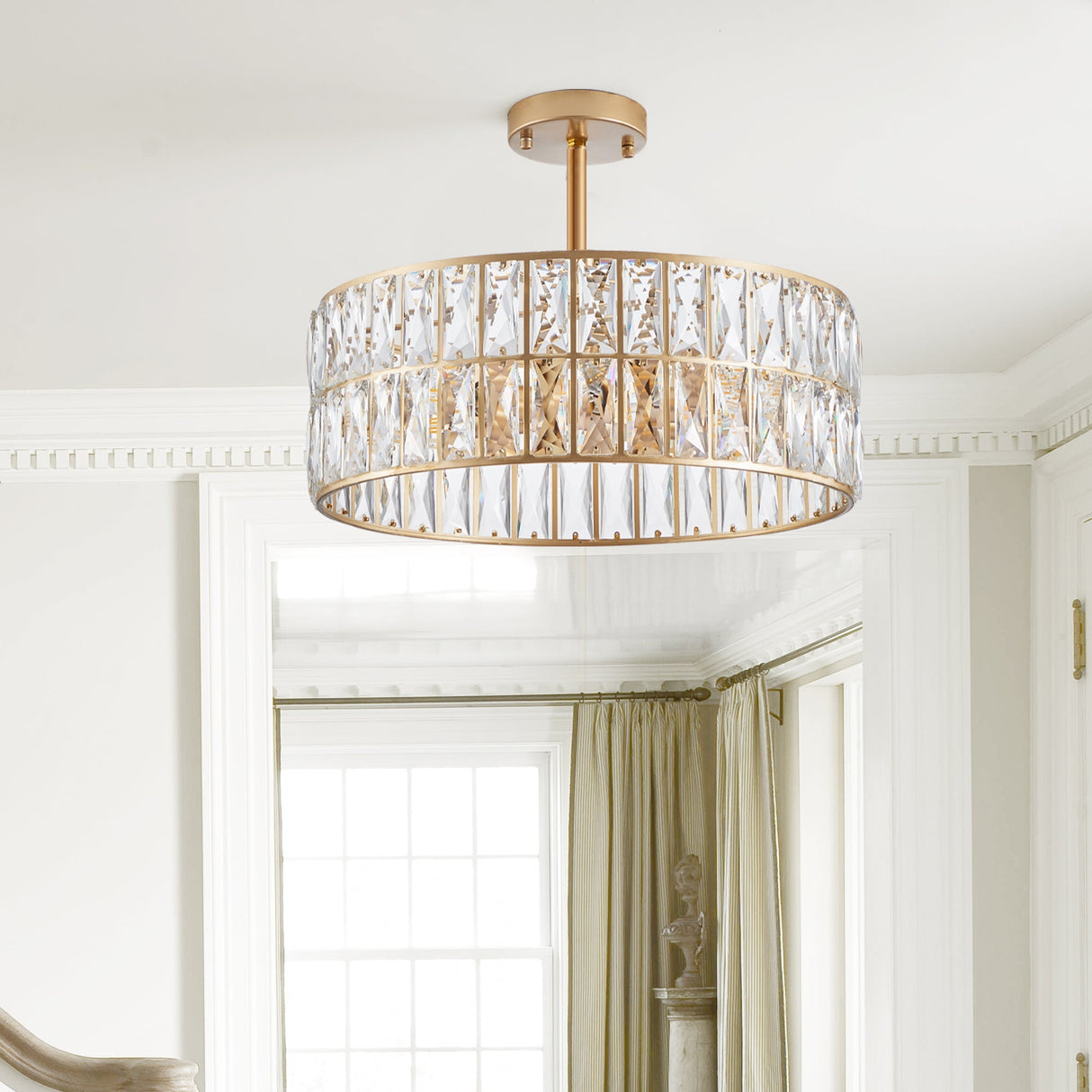 18' Golden Modern Crystal Drum Chandelier, 6-Light Pendant Lighting Fixture with Metal Frame