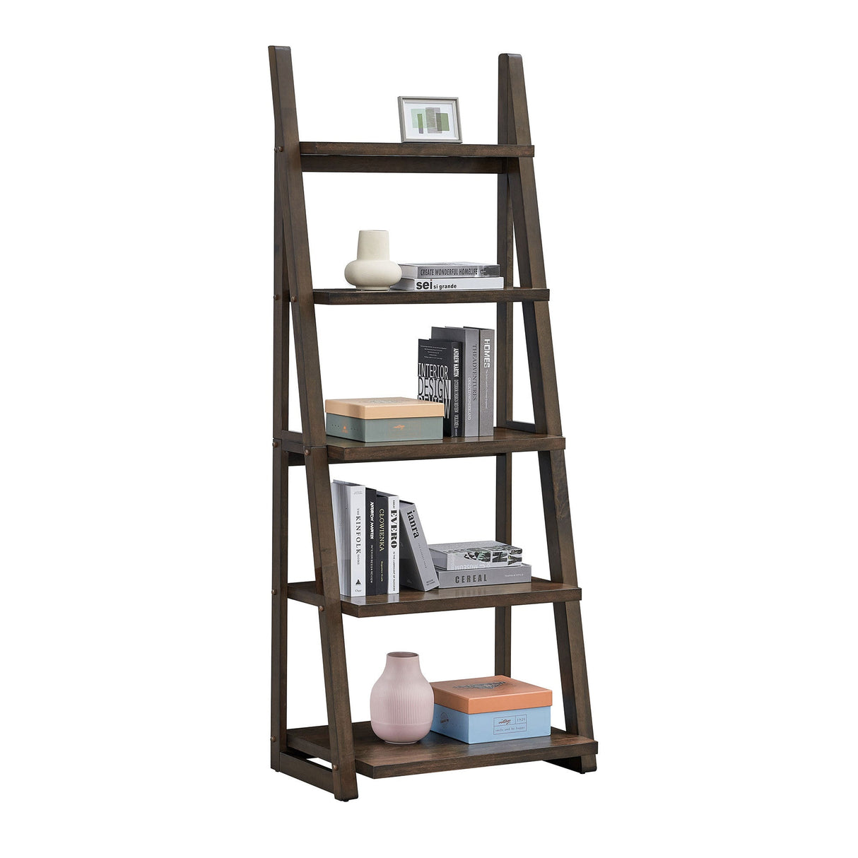 5-Tier Rubber Wood Bookshelf Ladder Storage Rack
