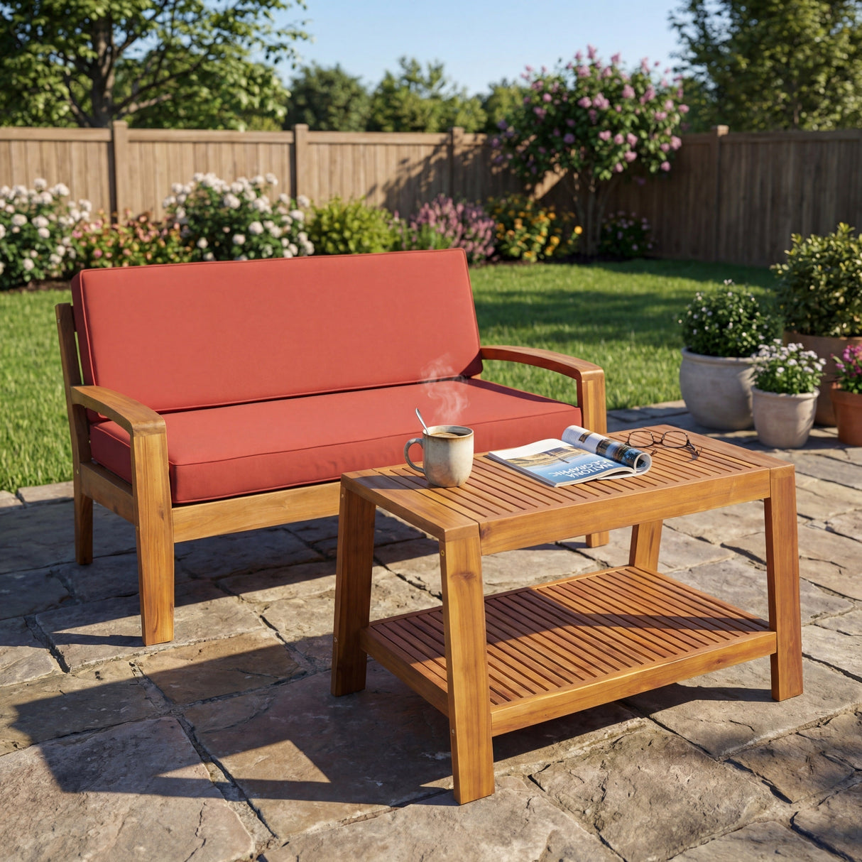 2-Piece Outdoor Teak Acacia Wood Conversation Set