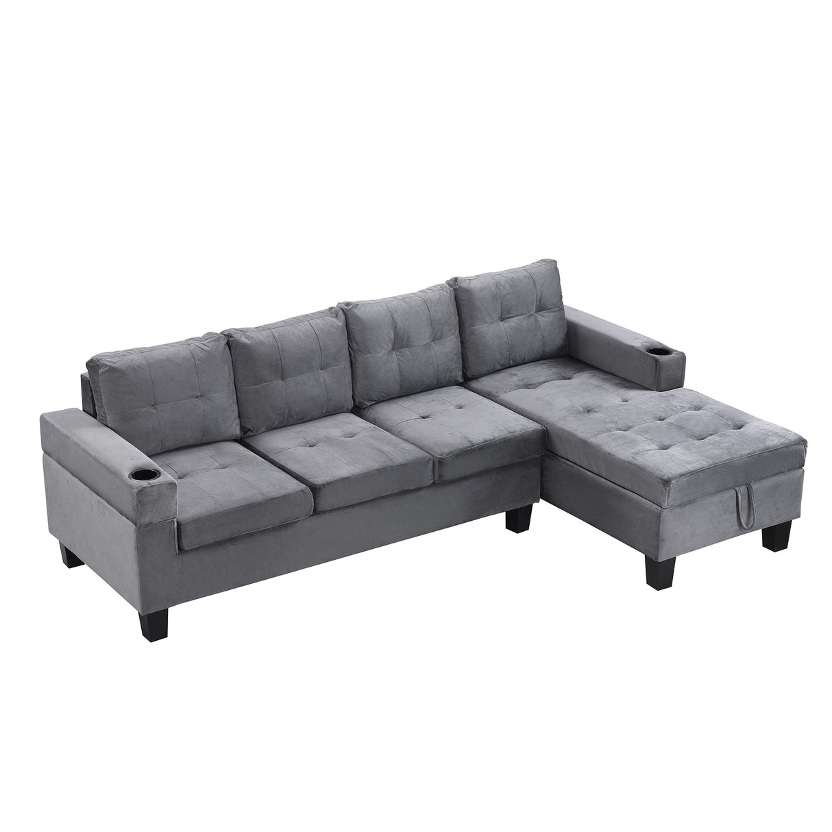 Modern Sectional Sofa Set with L Shape Chaise Lounge and Storage in Grey Velvet Fabric