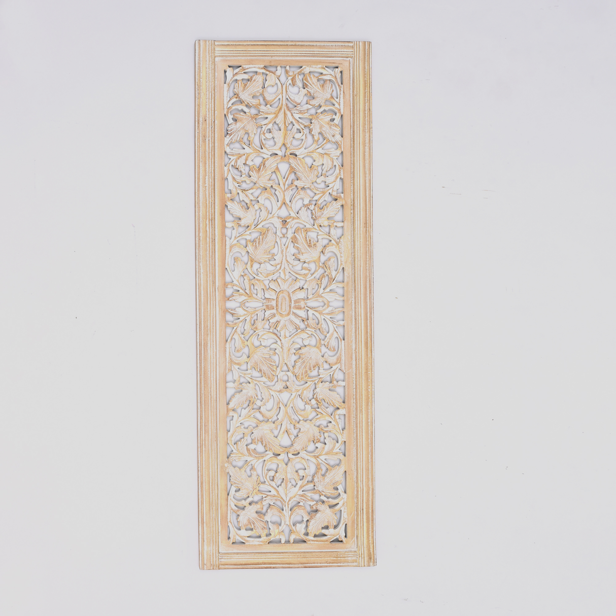 20” x 63” Hand-Carved Wooden Wall Panel – Rustic Antique Mandala Design