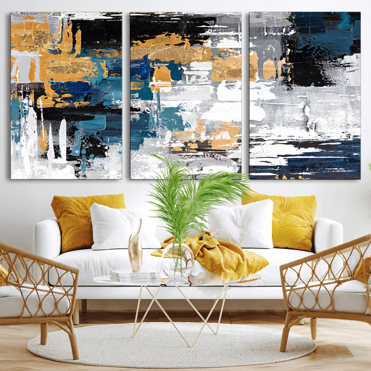 Blue and Gold Abstract Canvas Wall Art – Triptych Modern