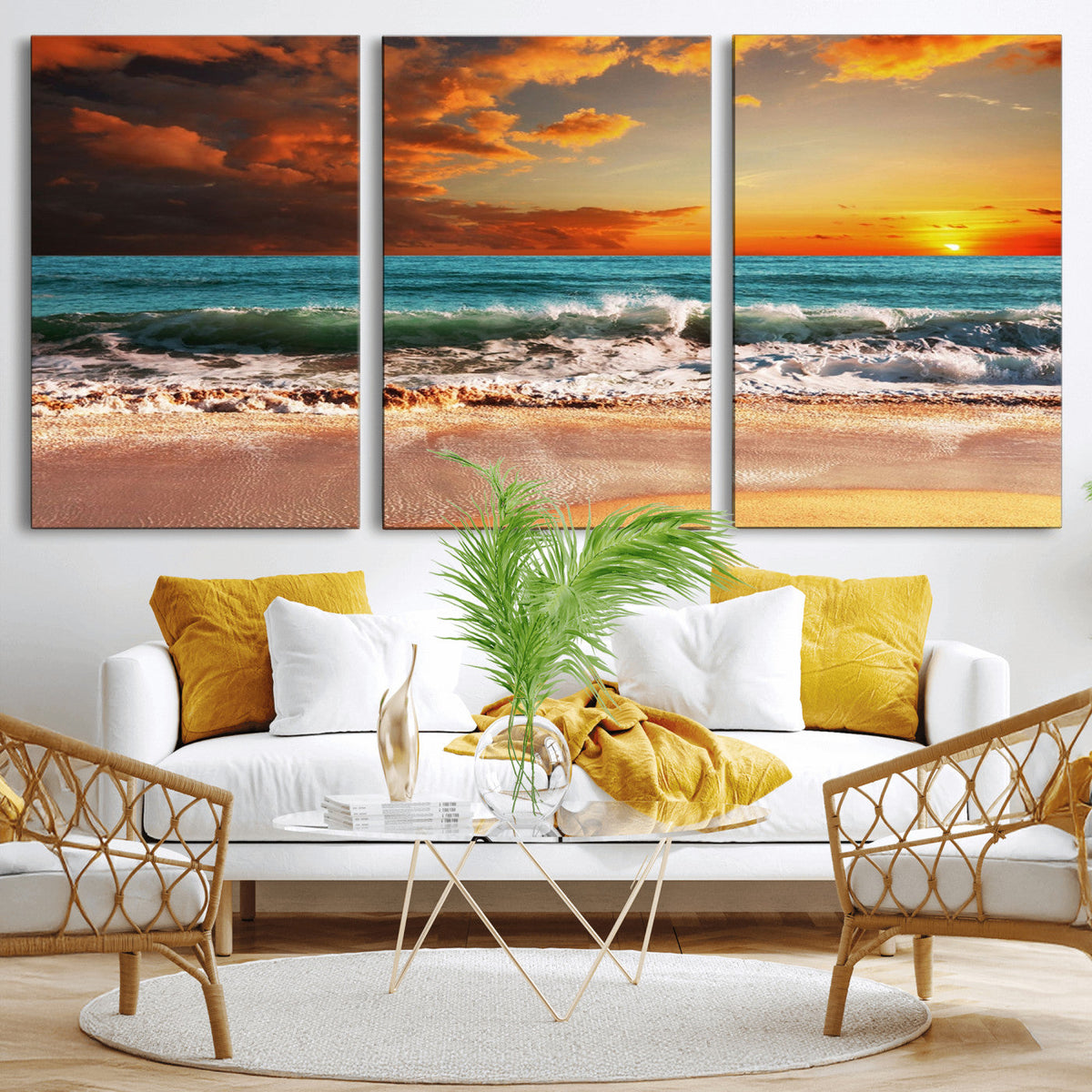 Golden Sunset Beach Canvas Wall Art – Triptych Seascape