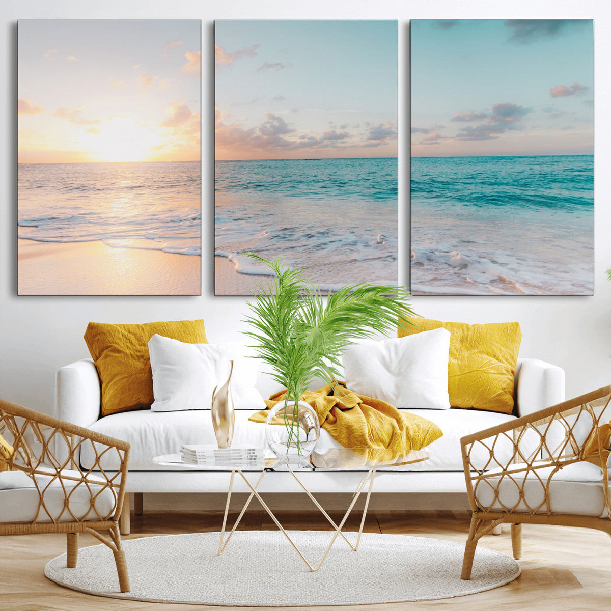 Tranquil Ocean Beach Sunset Canvas Wall Art | 3-Panel