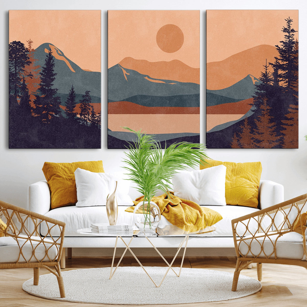 Modern Boho Sunset Canvas Print, Mountain Landscape Triptych