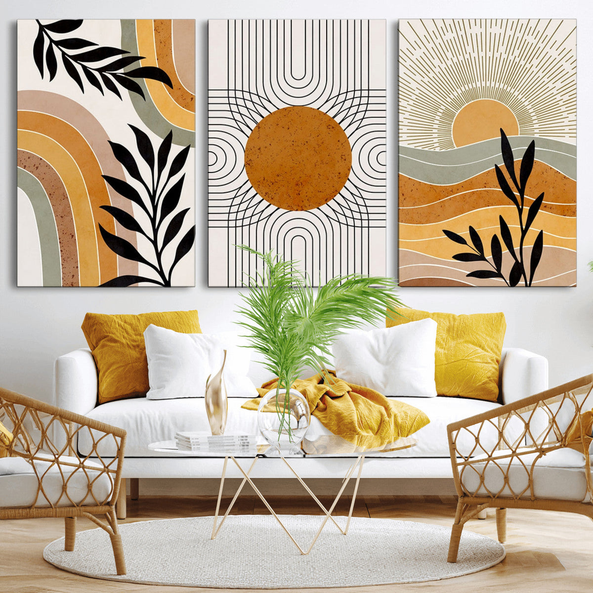 Modern Boho Sun and Leaf Abstract Art – 3-Panel Giclée