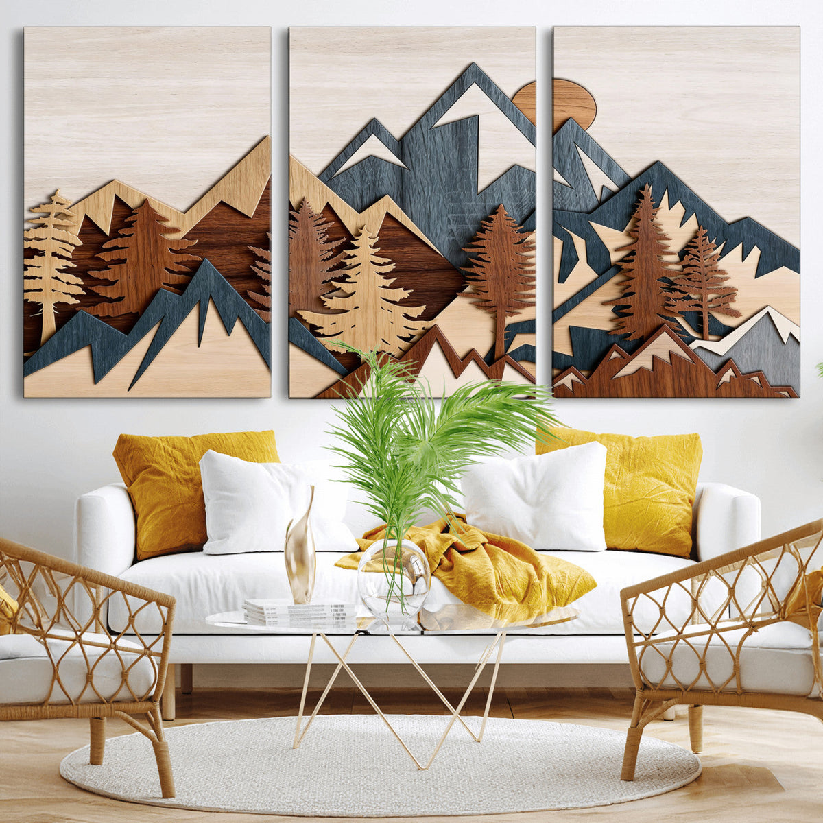 Rustic Abstract Wood Panel Effect Canvas Mountain Range Top