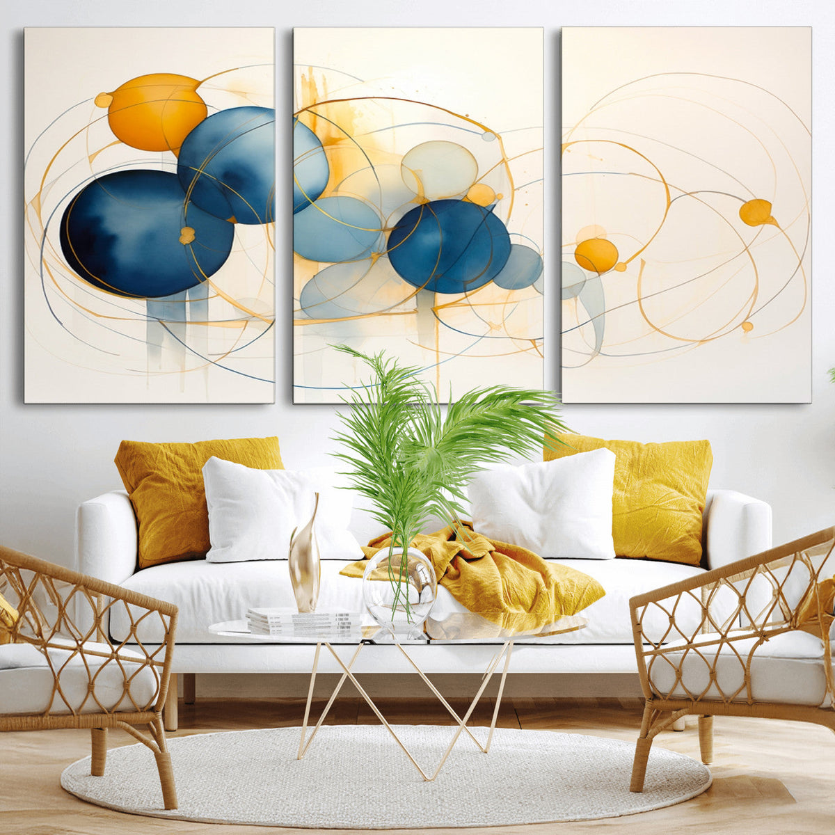 Geometric Blue Orange Abstract Wall Art Canvas, Geometric