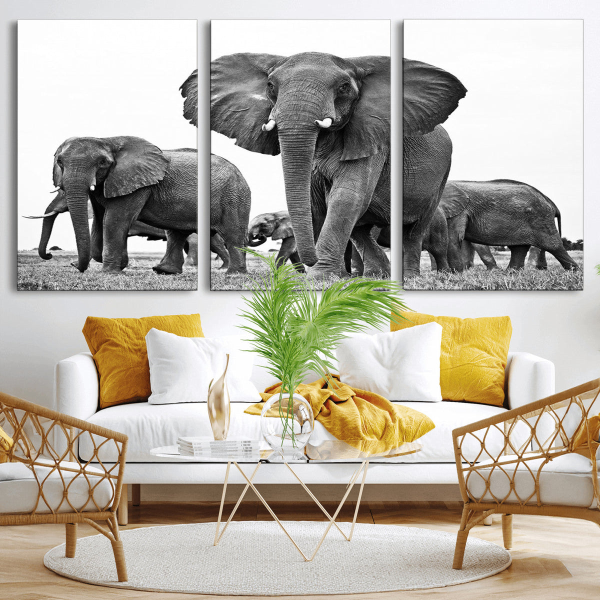 Black White Elephant Family Wall Art Canvas Print