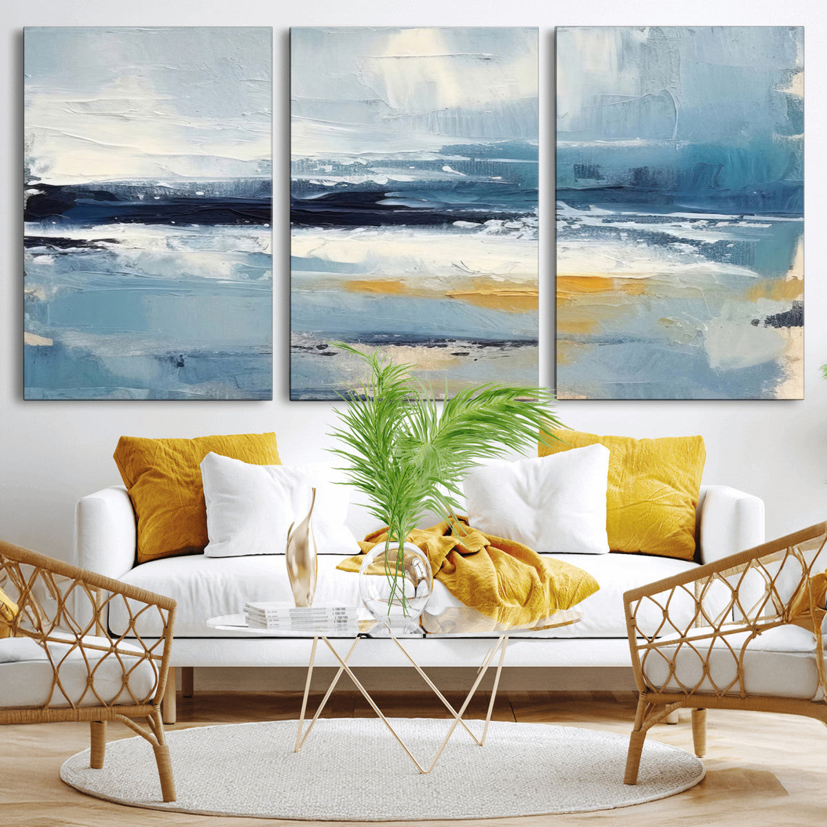 Abstract Ocean Canvas Wall Art - Coastal Blue and Gold
