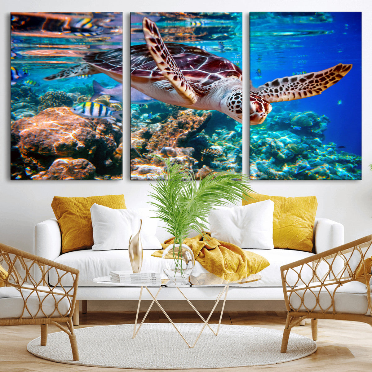 Underwater Coral Reef Sea Turtle Wall Art Canvas Print,